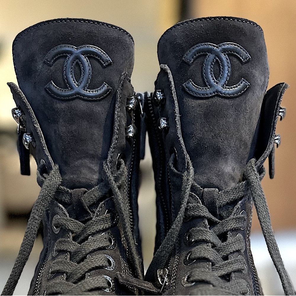 Chanel Veau Velour Lace-Up Boots - GREY - Size 40